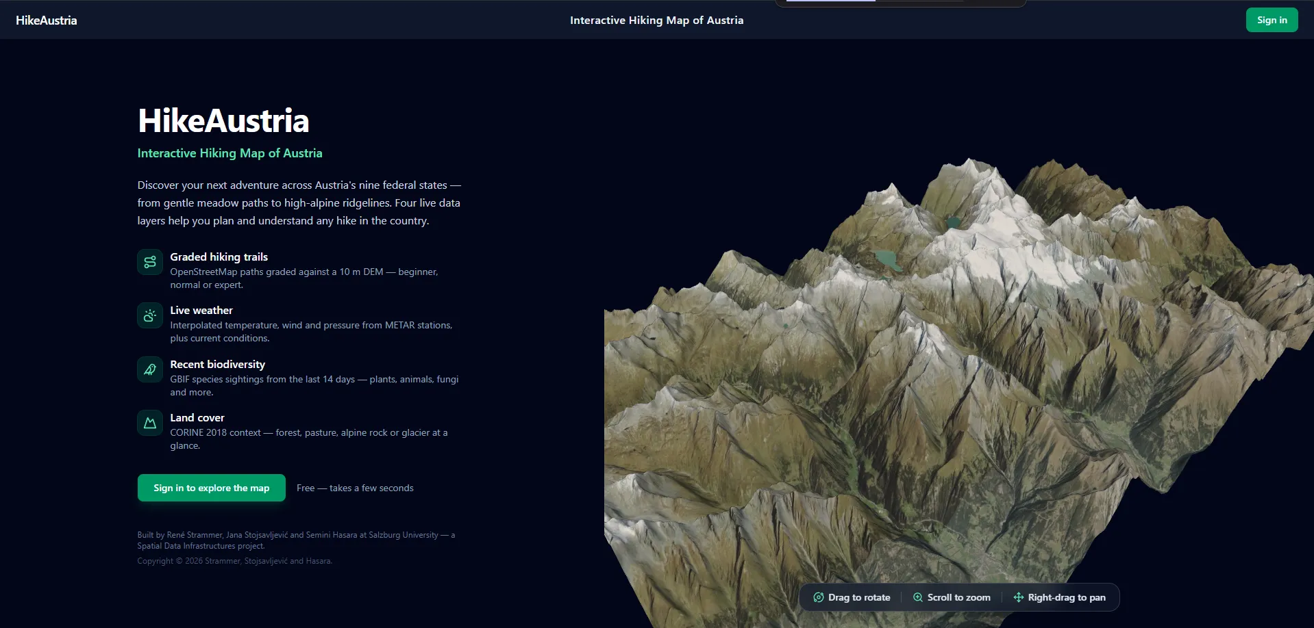 The sign-in screen consists of a three.js Großglockner terrain scene next to the product pitch and is shown before you register.