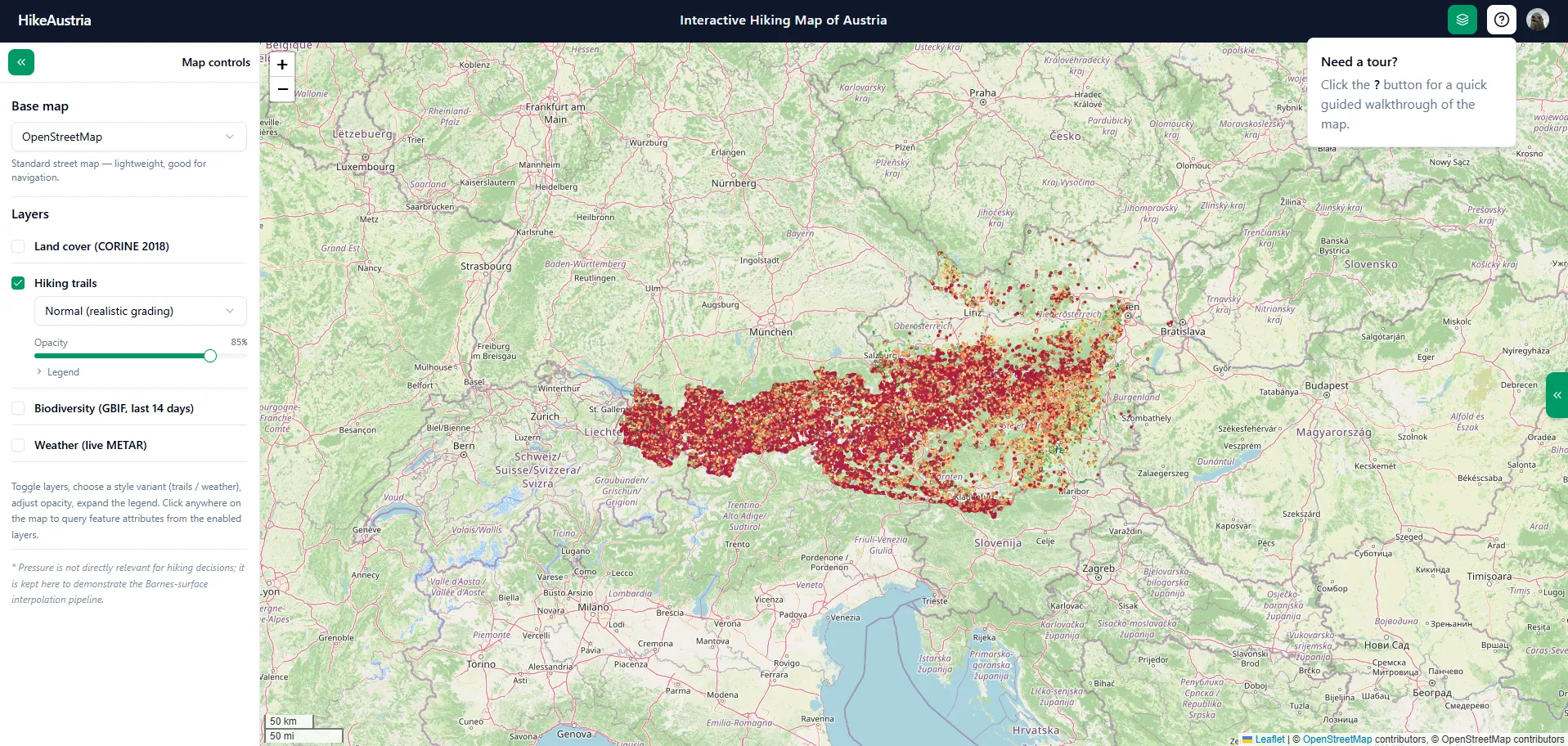 First view after signing in: difficulty-graded trails on the Normal level over an OpenStreetMap base map, with the layer panel on the left and the guided-tour hint at the top right next to the metadata information button. On the right side is a collapsed panel holding even more information about the product.