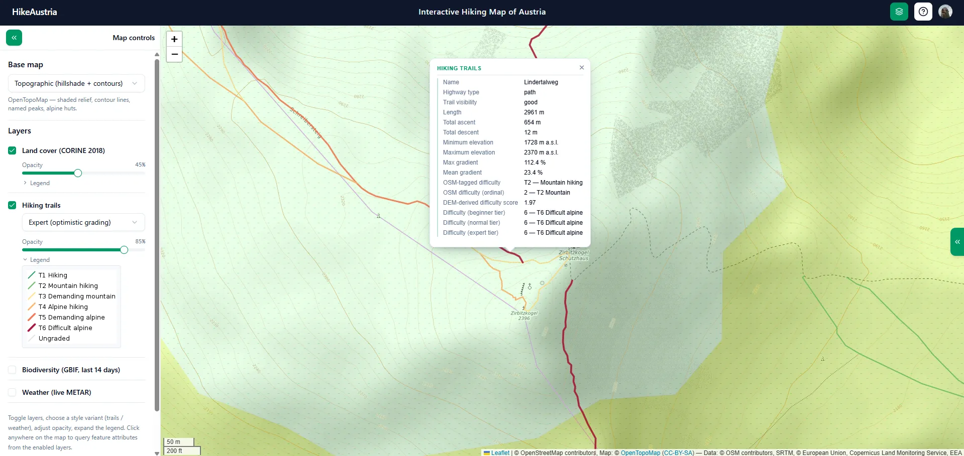 Another trail popup in front of Austria's topographic base map.
