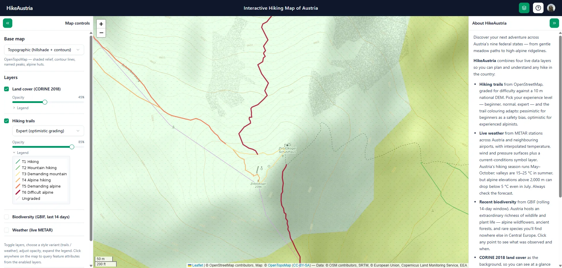 The topographic base map in the same location with both side panels expanded and no popup open.